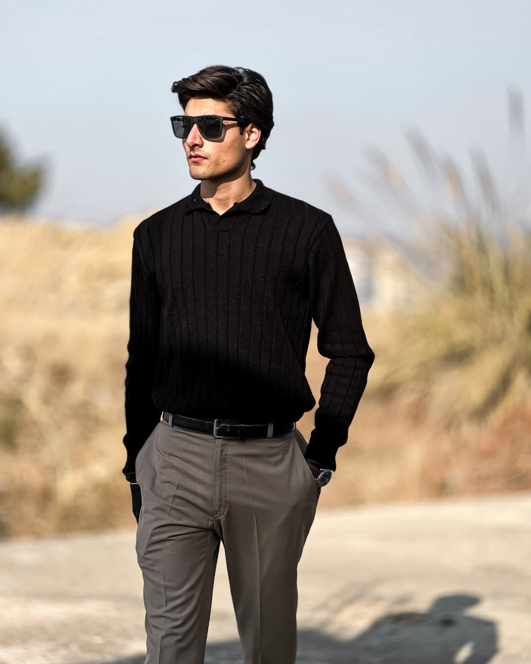 Timeless Black Ribbed Polo Sweater