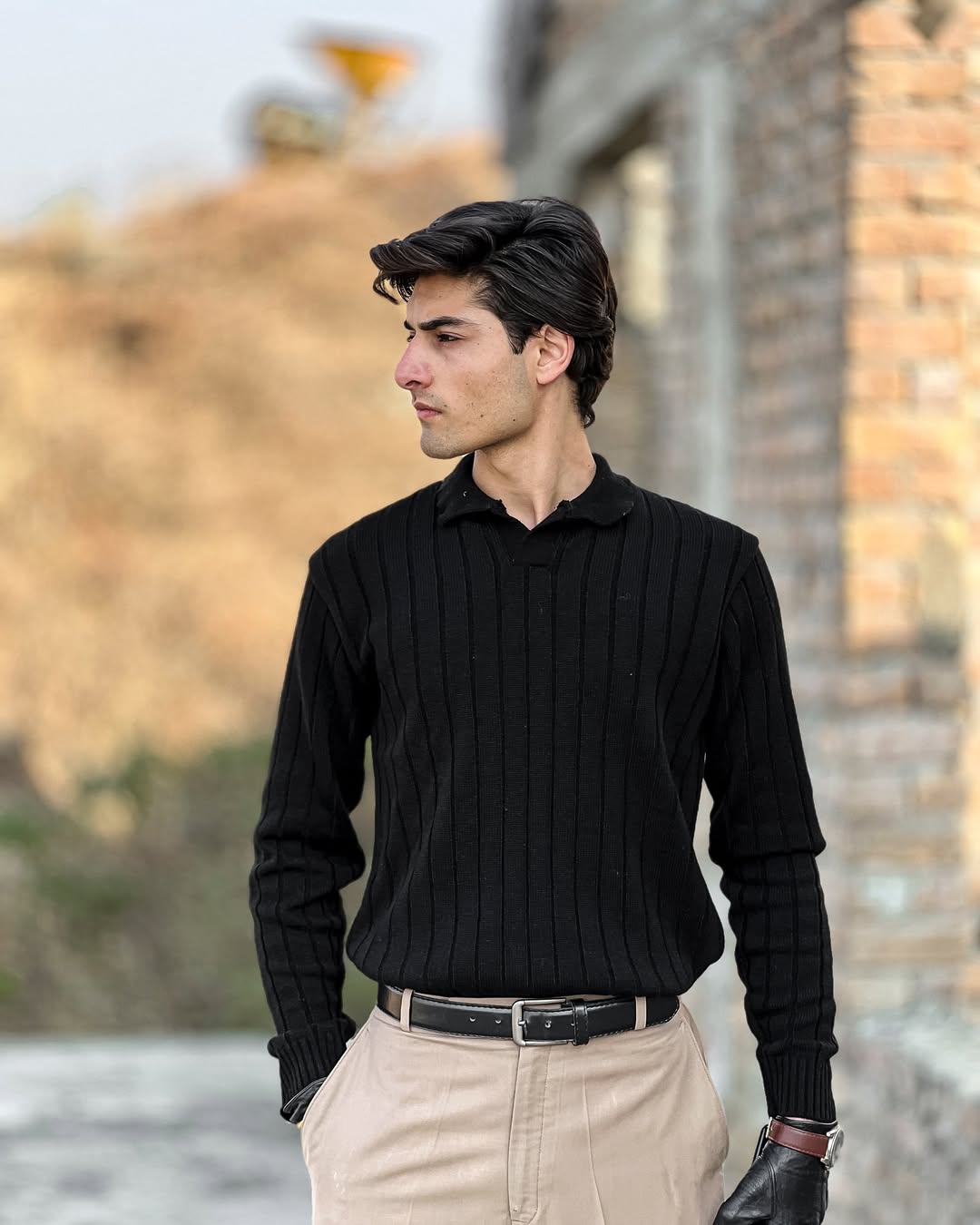 Timeless Black Ribbed Polo Sweater