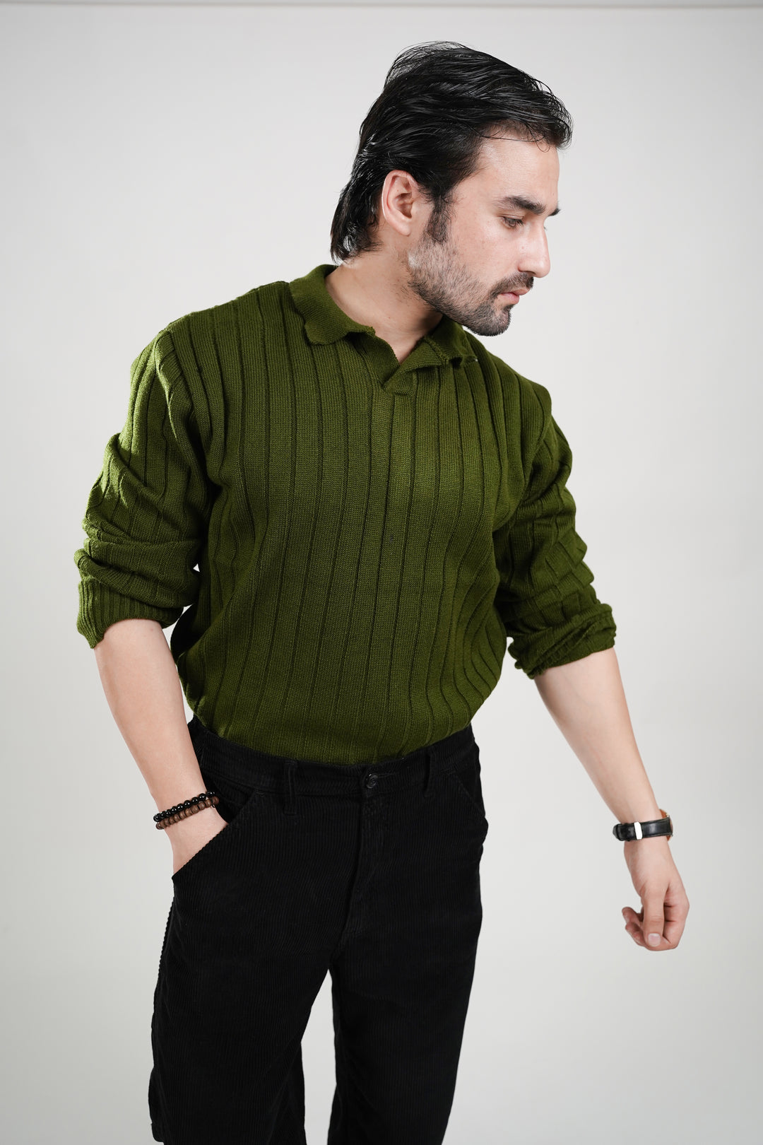 Timeless Green Ribbed Polo Sweater - Old Money