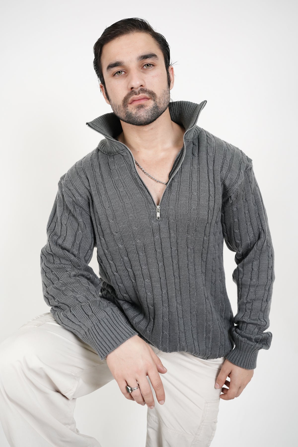 Men's Classic Grey Color Cable-Knit Half-Zip Sweater