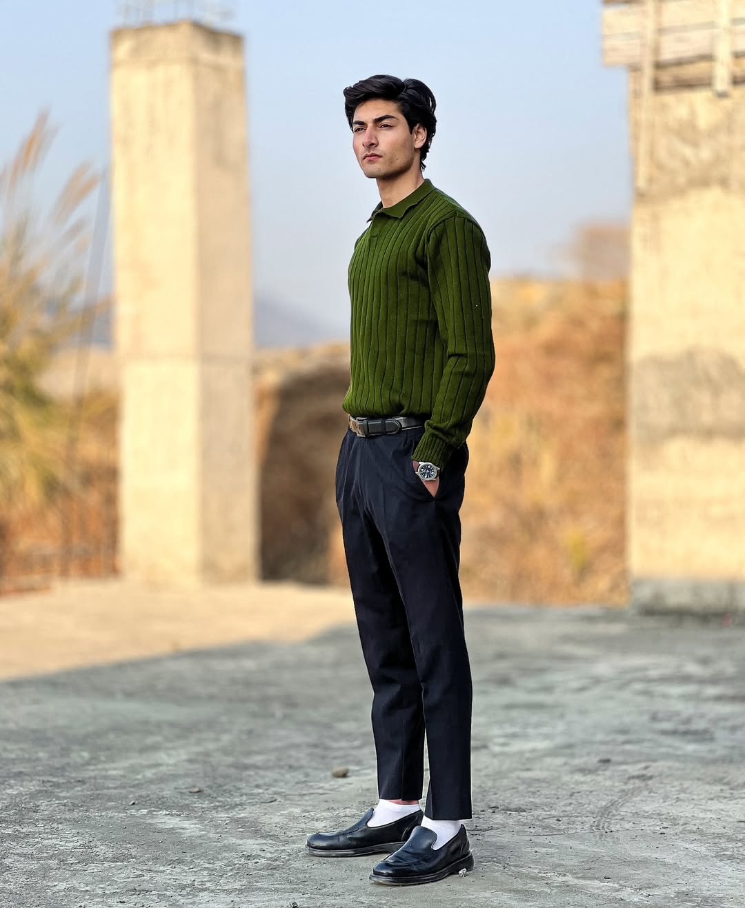 Timeless Green Ribbed Polo Sweater