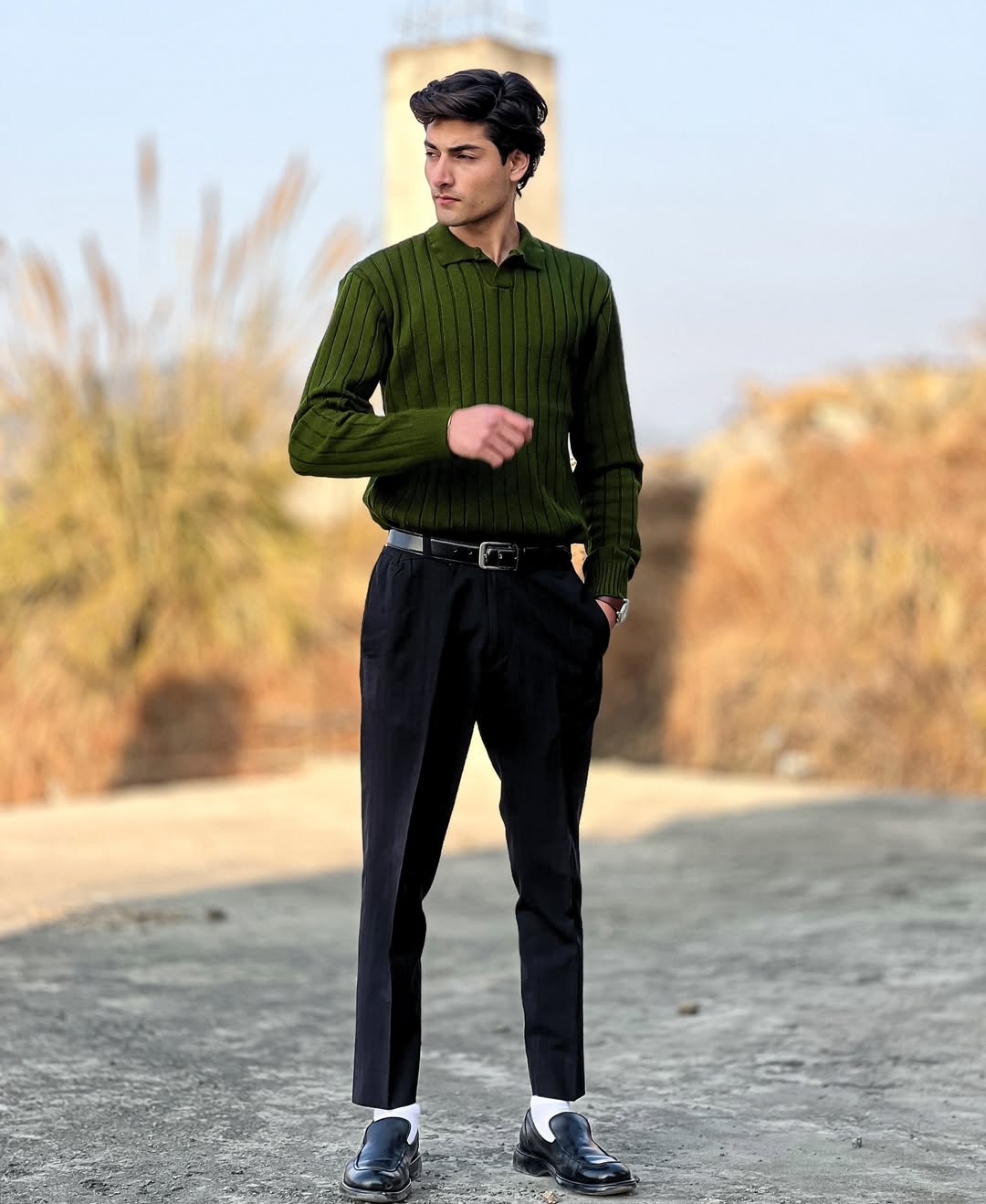 Timeless Green Ribbed Polo Sweater