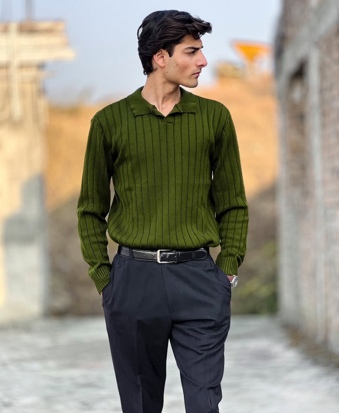 Timeless Green Ribbed Polo Sweater