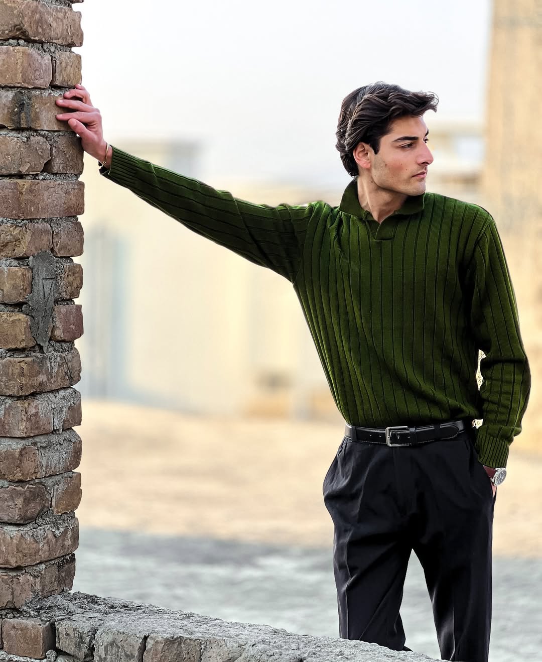 Timeless Green Ribbed Polo Sweater